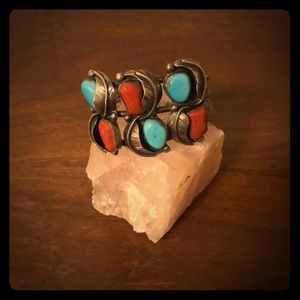 Turquoise and Coral Large Sterling Silver Cuff